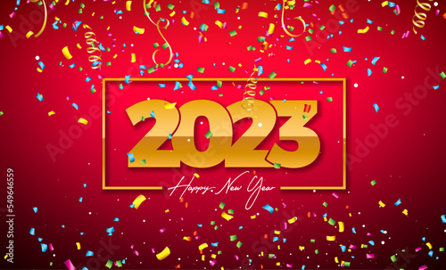 Happy New Year 2023 Illustration with Gold Number and Falling Confetti on Shiny Red Background. Vector Christmas Holiday Season Design for Flyer, Greeting Card, Banner, Celebration Poster, Party