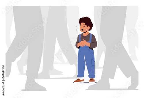 Little Child Get Lost In Public Place, Scared Baby Crying And Searching Mother In Big City With Human Legs Silhouettes