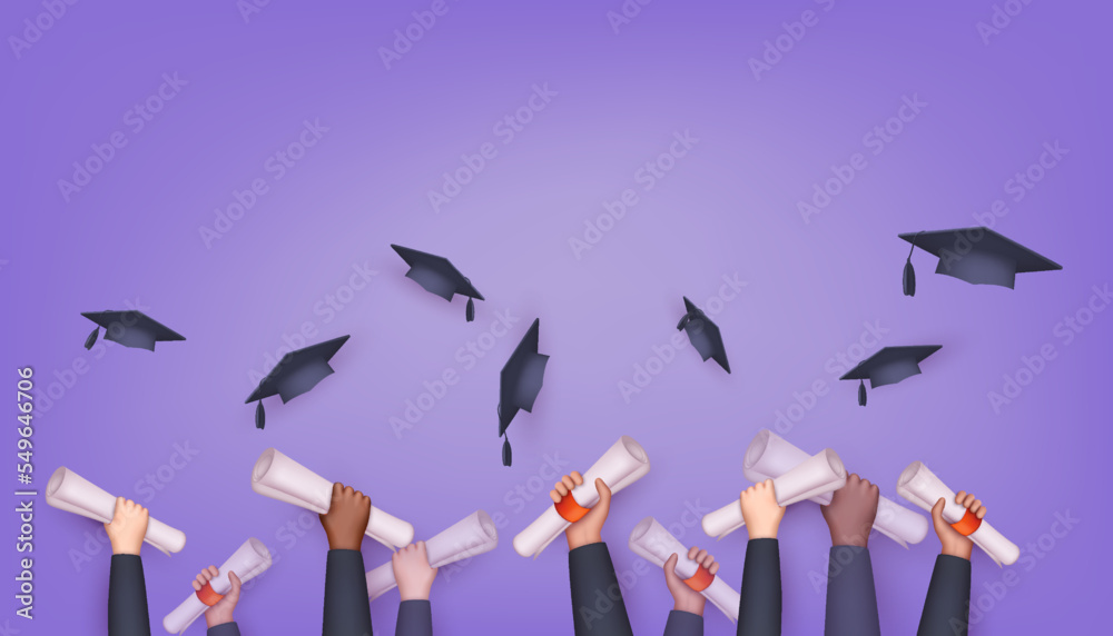 Graduating students of pupil hands in gown throwing graduation caps ...