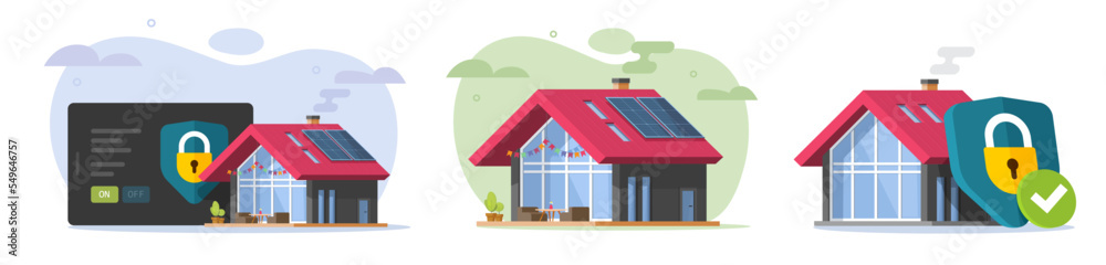Home house 3d smart eco solar panel power energy tech vector, secure protection shield property building, real estate green security development, remote control technology device graphic illustration