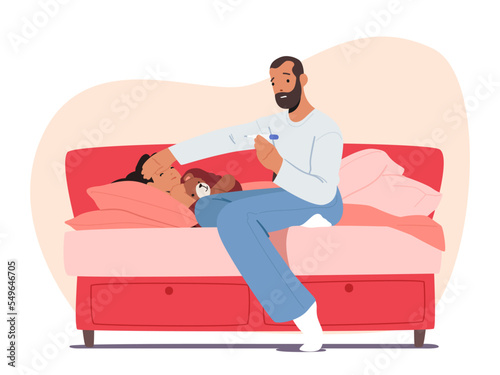 Sick Child Lying In Bed At Home Bedroom, Father Character Sitting Next To Daughter With Cold Fever, Kid Disease, Flu