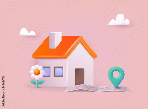 houmeNavigator pin mock up with map. Find house or location concept.  Gps navigation and travel location. 3D Web Vector Illustrations.