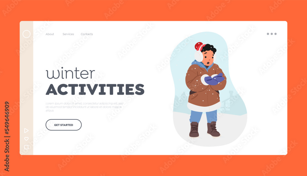 Winter Activities Landing Page Template. Little Child Walking on Wintertime Street Enjoy First Snow. Christmas Vacation Winter Activities Landing Page Template. Little Child Walking on Wintertime Street Enjoy First Snow. Christmas Vacation