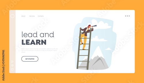 Lead and Learn Landing Page Template. Business Woman Climb Ladder Watching to Spyglass. Business Vision Illustration