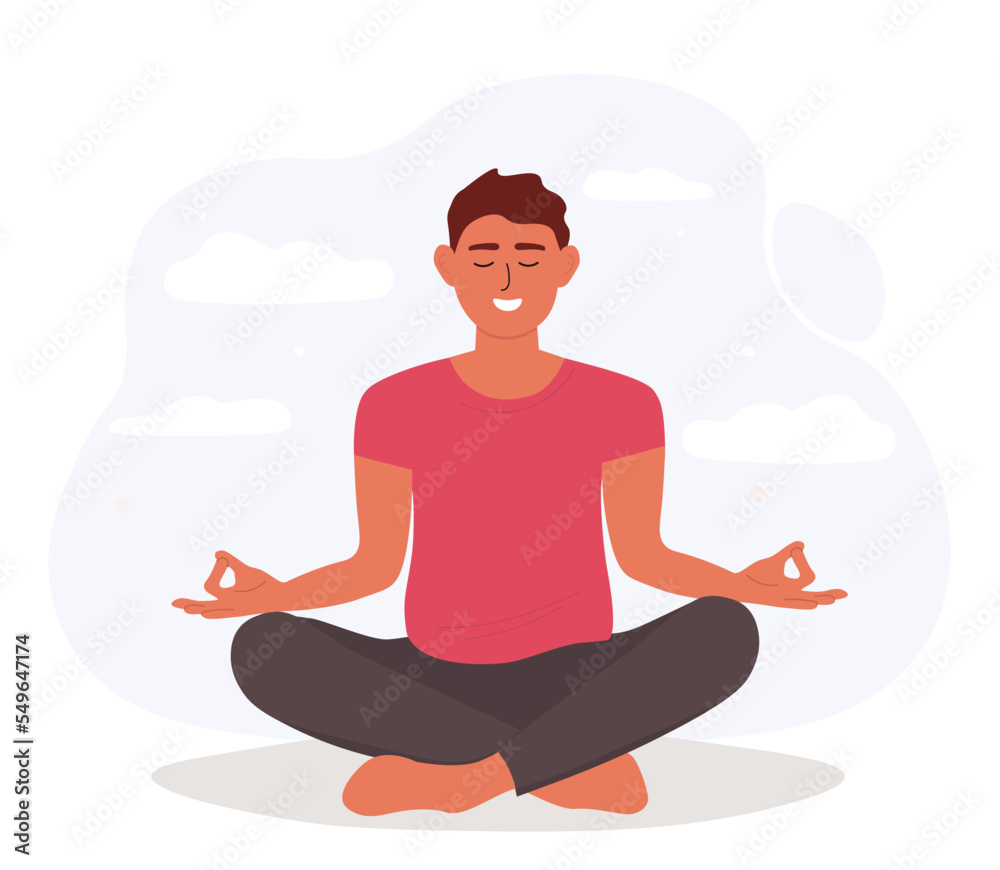 A man does yoga. The guy is sitting in the lotus position, meditating, doing asana. Vector graphics.