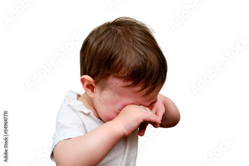 Toddler baby crying, tearful child face close-up, isolated on a white background