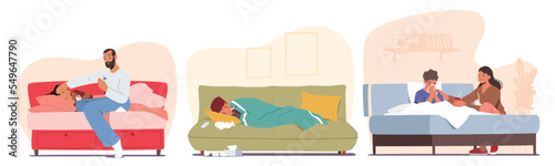 Set Sick Children Lying In Bed At Home Bedroom. Father Character Sitting Next To Daughter With Cold Fever Illustration