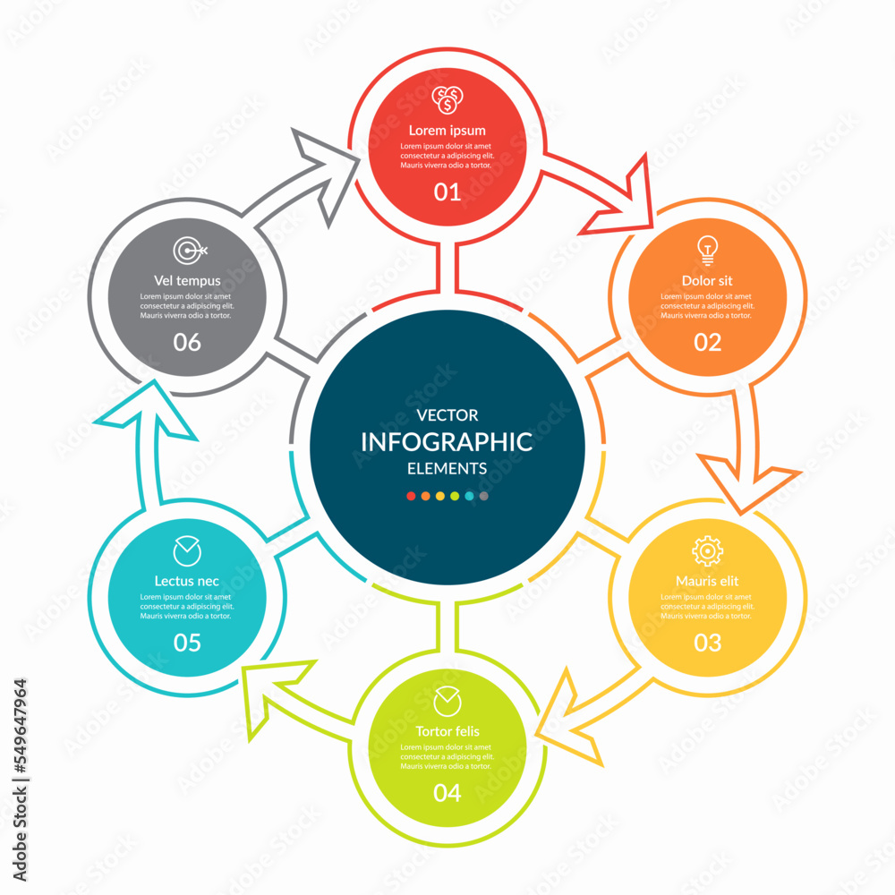 Simple infographic circle with 6 steps. Vector circular template, round chart, cycle diagram Simple infographic circle with 6 steps. Vector circular template, round chart, cycle diagram
