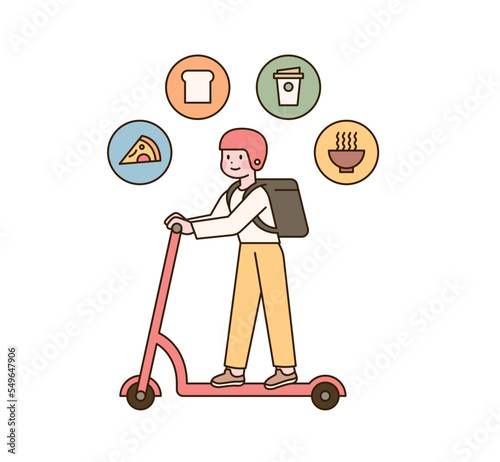 A delivery man is carrying a food box and riding a kick scooter to deliver.