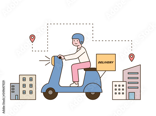 A delivery man rides a scooter to deliver.