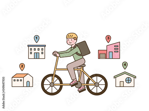 A delivery man is riding a bicycle carrying a delivery box.