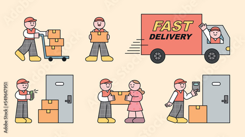 Cute deliveryman character. Boxes are moved, transported and delivered to customers.