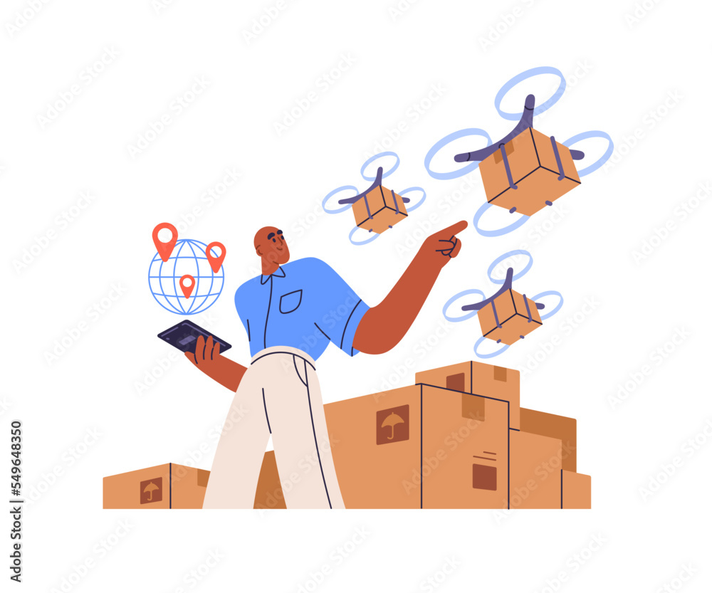 Drone delivery, smart logistics concept. Manager controls cardboard packages delivered by copters, aerial robots. Automated cargo distribution. Flat vector illustration isolated on white background Drone delivery, smart logistics concept. Manager controls cardboard packages delivered by copters, aerial robots. Automated cargo distribution. Flat vector illustration isolated on white background