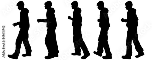 Male teenage student characters with different poses and gestures. Set silhouettes of a boy standing, walking, isolated on white. Boy silhouette set, side view. Teenagers walk one after another.
