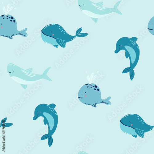 Blue whale with coral in the sea Cute cartoon background seamless pattern The design used for Textile, Clothing Pattern, Print, Wallpaper, Vector Illustration.
