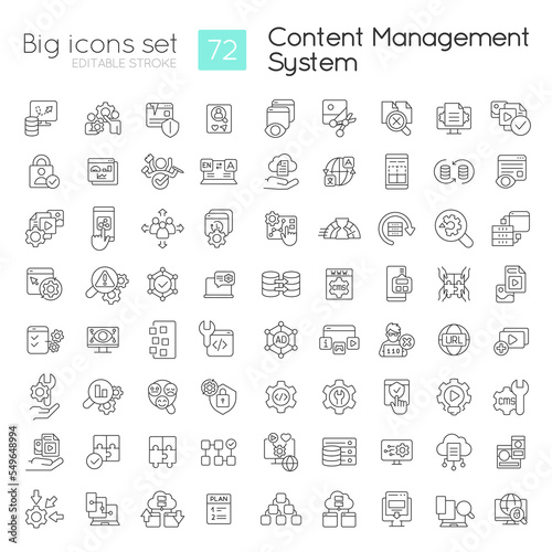 Content management system linear icons set. CMS features. Digital platform. Customizable thin line symbols. Isolated vector outline illustrations. Editable stroke. Quicksand-Light font used