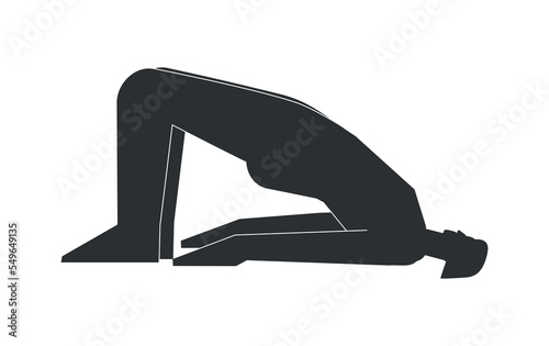Vector isolated illustration with flat black silhouette of female person doing finess. Athletic woman learns yoga posture - Bridge Pose. Sportive exercise - Setu Bandha Sarvangasana
