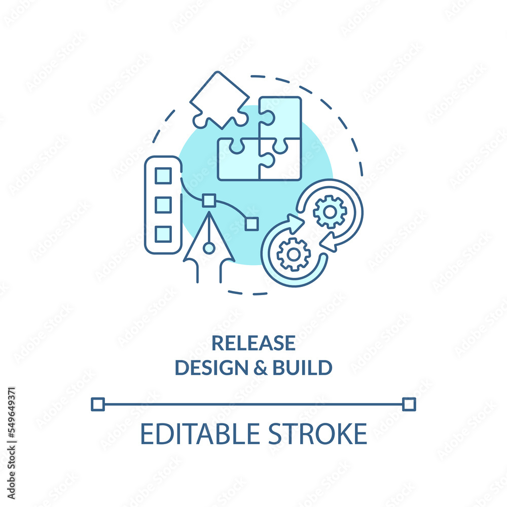 Design and build turquoise concept icon. Release management process step abstract idea thin line illustration. Isolated outline drawing. Editable stroke. Arial, Myriad Pro-Bold fonts used