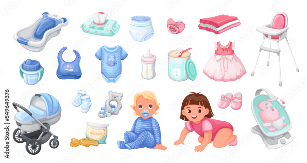 Newborn baby equipment set vector illustration. Cartoon isolated cute  accessories, nursery supplies and toiletries for infant kid, necessities  clothes and food collection to care baby girl and boy Stock Vector