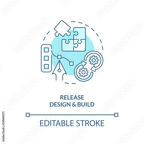 Design and build turquoise concept icon. Release management process step abstract idea thin line illustration. Isolated outline drawing. Editable stroke. Arial, Myriad Pro-Bold fonts used