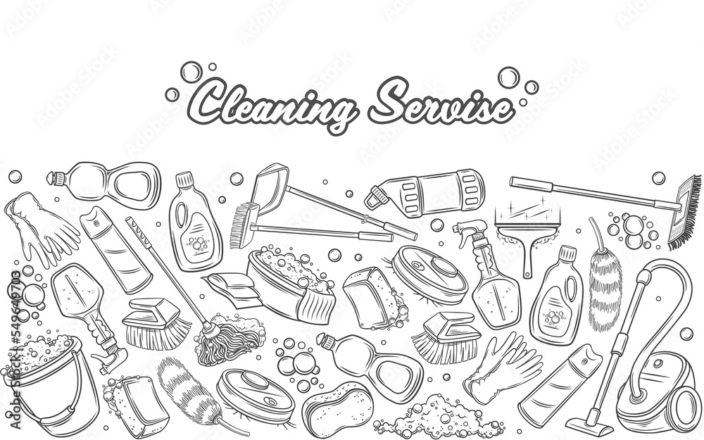 Cleaning service, line design template vector illustration. Hand drawn