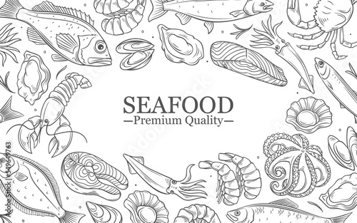 Seafood  premium quality vector illustration. Hand drawn line restaurant food menu design template with fresh fish and shrimp  lobster and squid  crab and salmon for dinner in seafood frame border