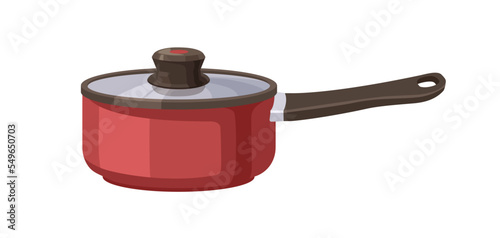 Saucepan covered with glass lid. Saute pan with long handle. Sauce pot, kitchen utensil for cooking. Modern metal stockpot. Flat vector illustration isolated on white background
