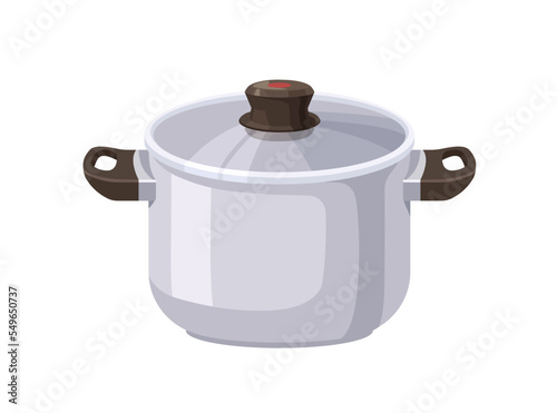Stockpot with glass lid. Metal stock pot with handles. Covered closed saucepan. Stainless steel kitchen pan, clean utensil for cooking. Flat vector illustration isolated on white background