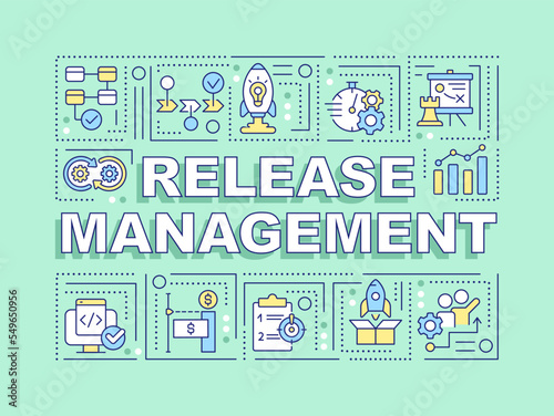 Release management word concepts light green banner. Software delivery. Infographics with editable icons on color background. Isolated typography. Vector illustration with text. Arial-Black font used