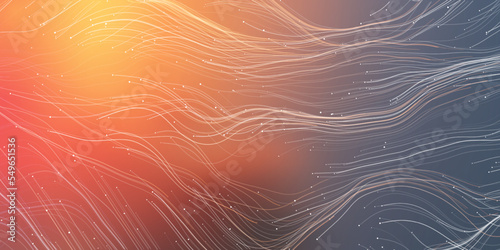 Flying, Flowing Energy Lines Pattern in Glowing Sunlit Space and Starry Sky Around - Modern Style Futuristic Technology or Astronomy Concept Background, Generative Art, Creative Template,Vector Design
