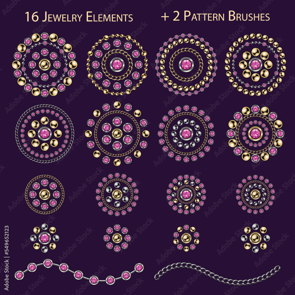 Set of jewellery elements, pattern chain brushes. Big, small round design elements made of gold, silver ball beads, pink rhinestones, jewelry chains. Blue background. Vintage style