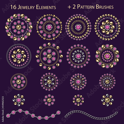 Set of jewellery elements, pattern chain brushes. Big, small round design elements made of gold, silver ball beads, pink rhinestones, jewelry chains. Blue background. Vintage style