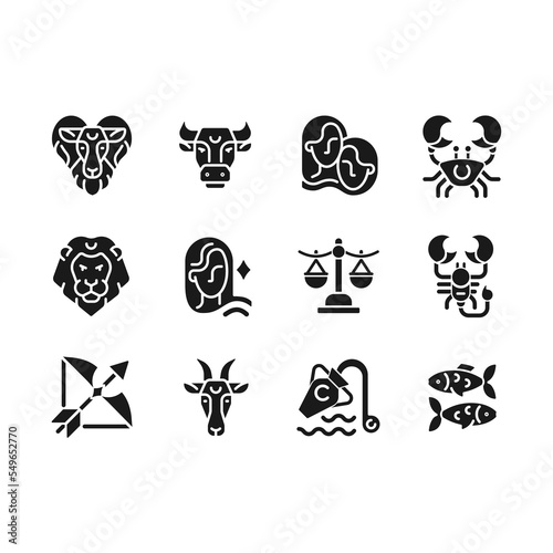 Astrological signs black glyph icons set on white space. Twelve western zodiac elements. Constellations personality types. Silhouette symbols. Solid pictogram pack. Vector isolated illustration