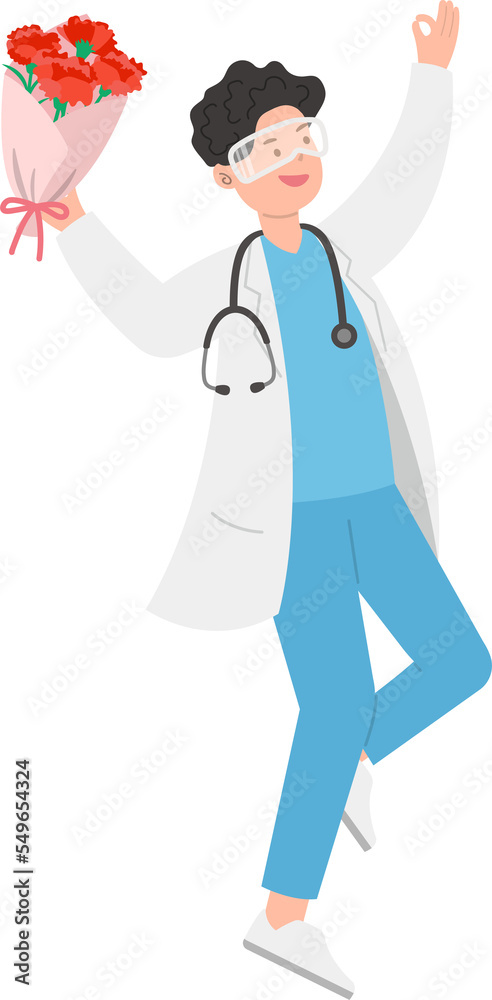 Male paramedic or doctor or nurse wearing surgical gown with stethoscope and carnations for mothers day thanking mother Male paramedic or doctor or nurse wearing surgical gown with stethoscope and carnations for mothers day thanking mother