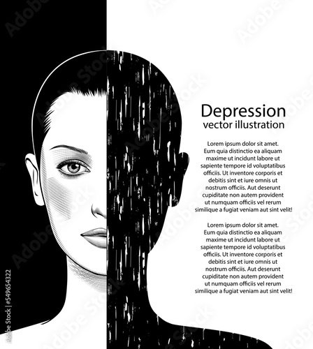 Depression. Vector silhouette of a healthy and depressive reflection of a female face. The concept of stress, metaphors, hopelessness. Depressive woman, concept art of psychological illness. 