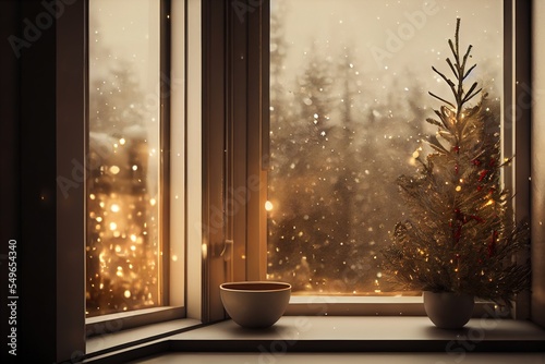 Christmas gifts and decorations at the windowsill. Books and gifts by the snowy xmas window. Cozy holiday New Year celebration evening ambience postcard banner. Generative AI.