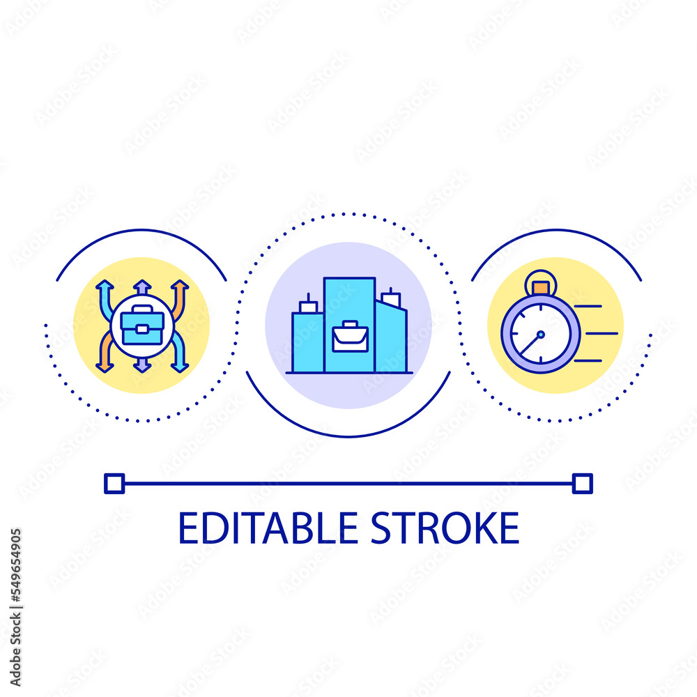 Improve work performance loop concept icon. Productivity at job. Business time. Office buildings abstract idea thin line illustration. Isolated outline drawing. Editable stroke. Arial font used Improve work performance loop concept icon. Productivity at job. Business time. Office buildings abstract idea thin line illustration. Isolated outline drawing. Editable stroke. Arial font used