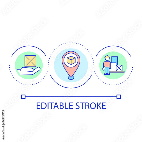 Postal storage loop concept icon. Delivery pinpoint. Receive parcel. Shipping warehouse. Mail service abstract idea thin line illustration. Isolated outline drawing. Editable stroke. Arial font used