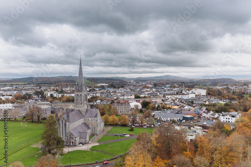 Drone flight over Ross Castle. Killarney National park. Ireland. autumn 2022. High quality photo