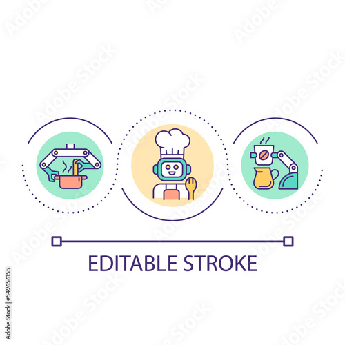 Robotic cooking machine loop concept icon. Artificial intelligence prepares food. Kitchen assistant abstract idea thin line illustration. Isolated outline drawing. Editable stroke. Arial font used