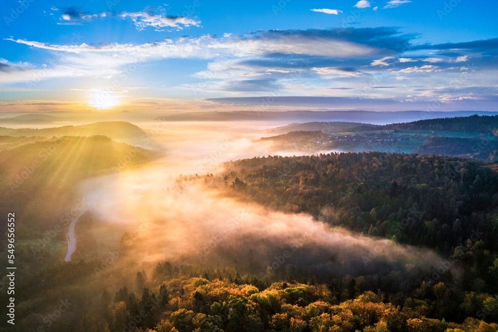 Germany, Baden-Wurttemberg, Drone view ofRemstalvalley at foggy sunrise