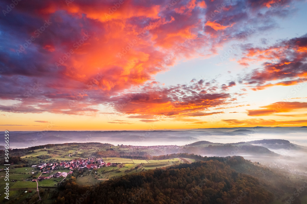 Germany, Baden-Wurttemberg, Drone view of moody sky over Remstal valley at foggy dawn Germany, Baden-Wurttemberg, Drone view of moody sky over Remstal valley at foggy dawn