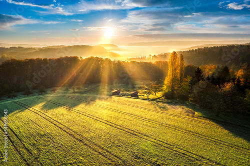 Germany, Baden-Wurttemberg, Drone view of autumn field at sunrise photo