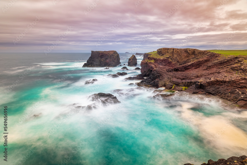 UK, Scotland, Long exposure of waves splashing against cliffs of Esha Ness UK, Scotland, Long exposure of waves splashing against cliffs of Esha Ness