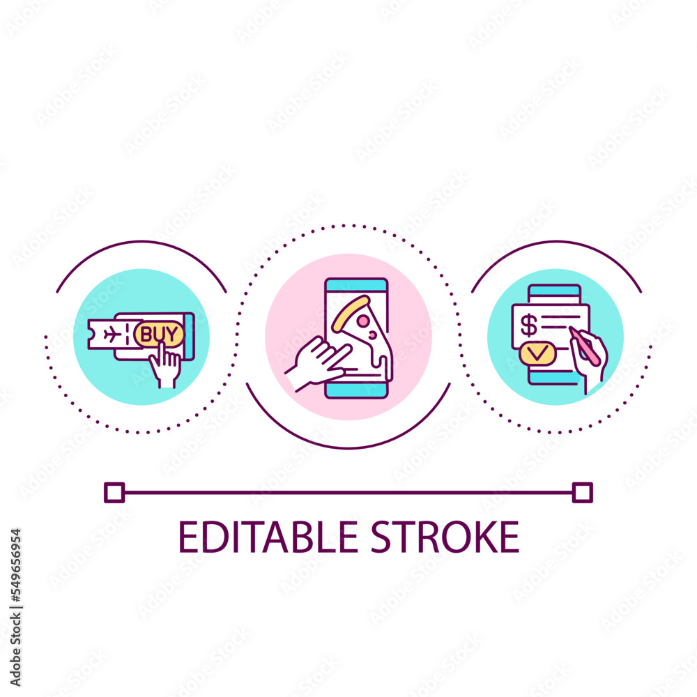 Online buying loop concept icon. Order service through internet. Digital business presence abstract idea thin line illustration. Isolated outline drawing. Editable stroke. Arial font used Online buying loop concept icon. Order service through internet. Digital business presence abstract idea thin line illustration. Isolated outline drawing. Editable stroke. Arial font used