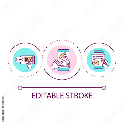 Online buying loop concept icon. Order service through internet. Digital business presence abstract idea thin line illustration. Isolated outline drawing. Editable stroke. Arial font used