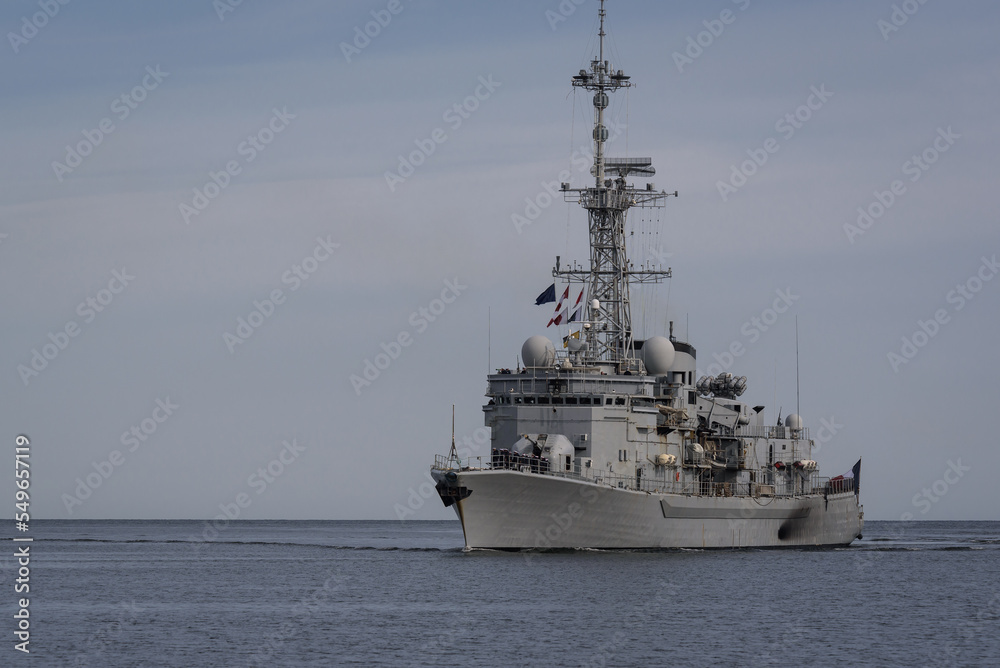 WARSHIP - A modern French Navy frigate sails on the sea
WARSHIP - A modern French Navy frigate sails on the sea