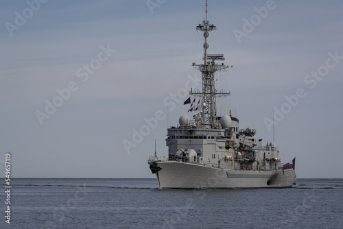WARSHIP - A modern French Navy frigate sails on the sea
