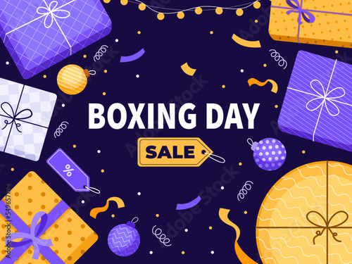 Boxing Day Sale Design Template.
Boxing Day Sale Promotion With Gift box and confetti.
Suitable for banner, poster, flyer, promotion, advertisement, etc
