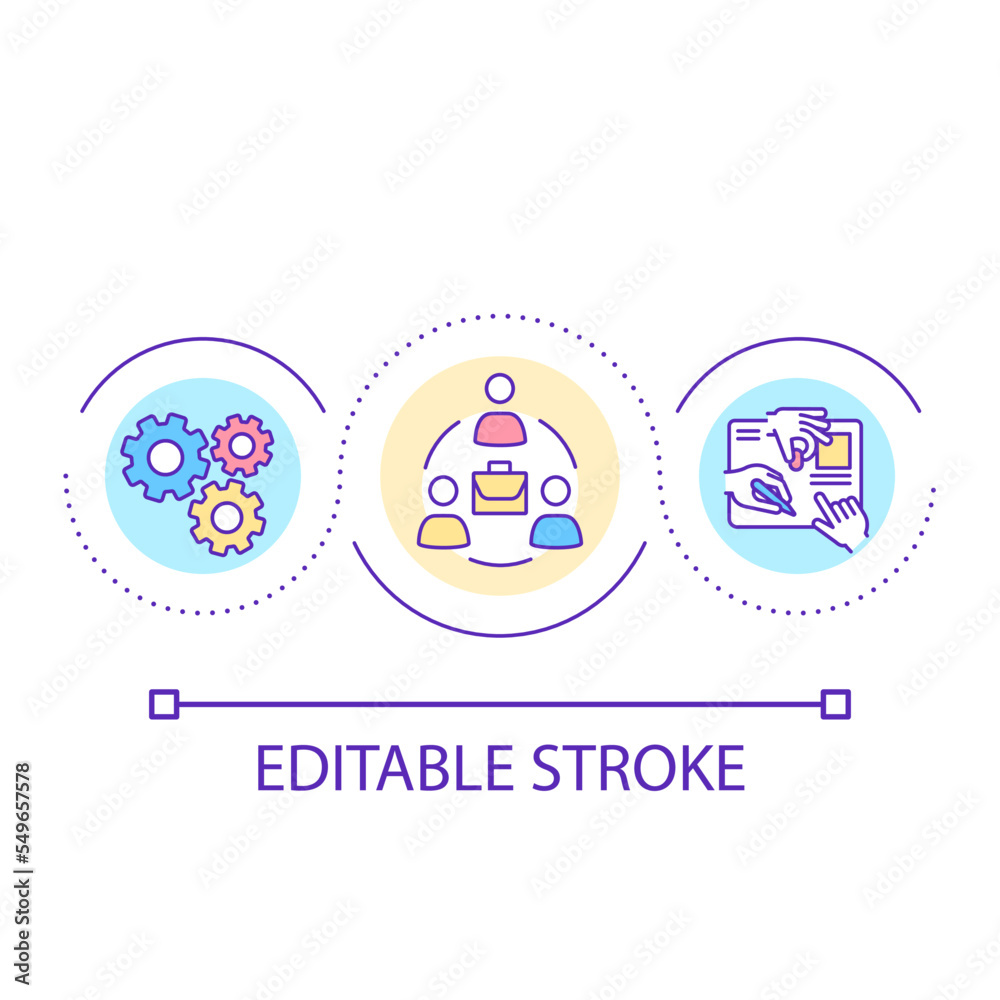 Organize work process loop concept icon. Teamwork management. Workflow optimization. HR abstract idea thin line illustration. Isolated outline drawing. Editable stroke. Arial font used